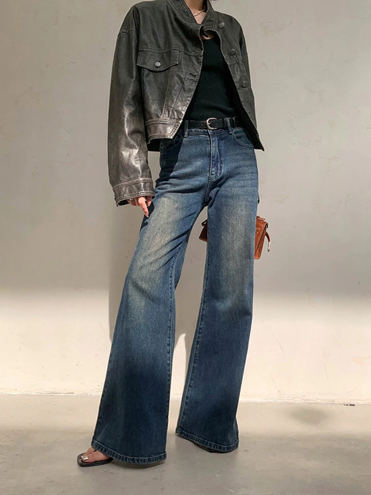 Vintage Denim Washed Wide Leg Jeans - LA FEMME WANDERER