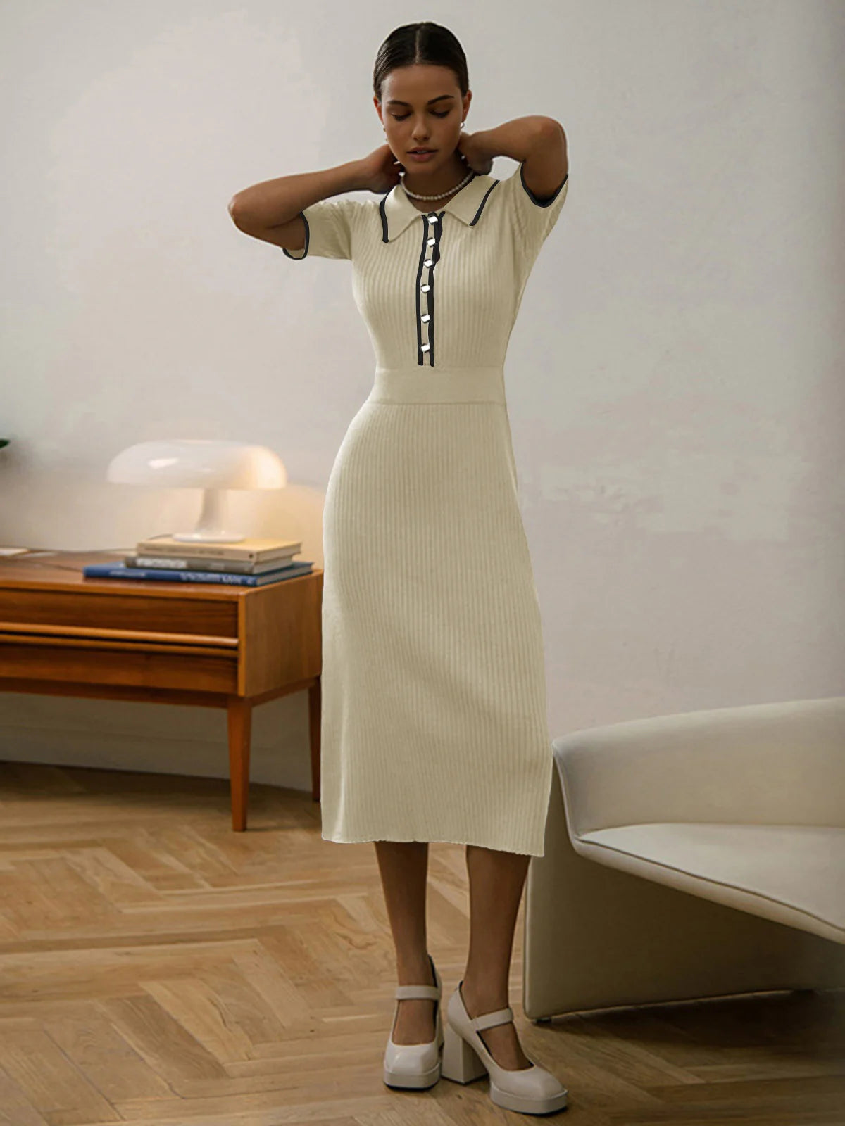 Contrast Trim Rib Knit Short Sleeve Midi Dress - LA FEMME WANDERER