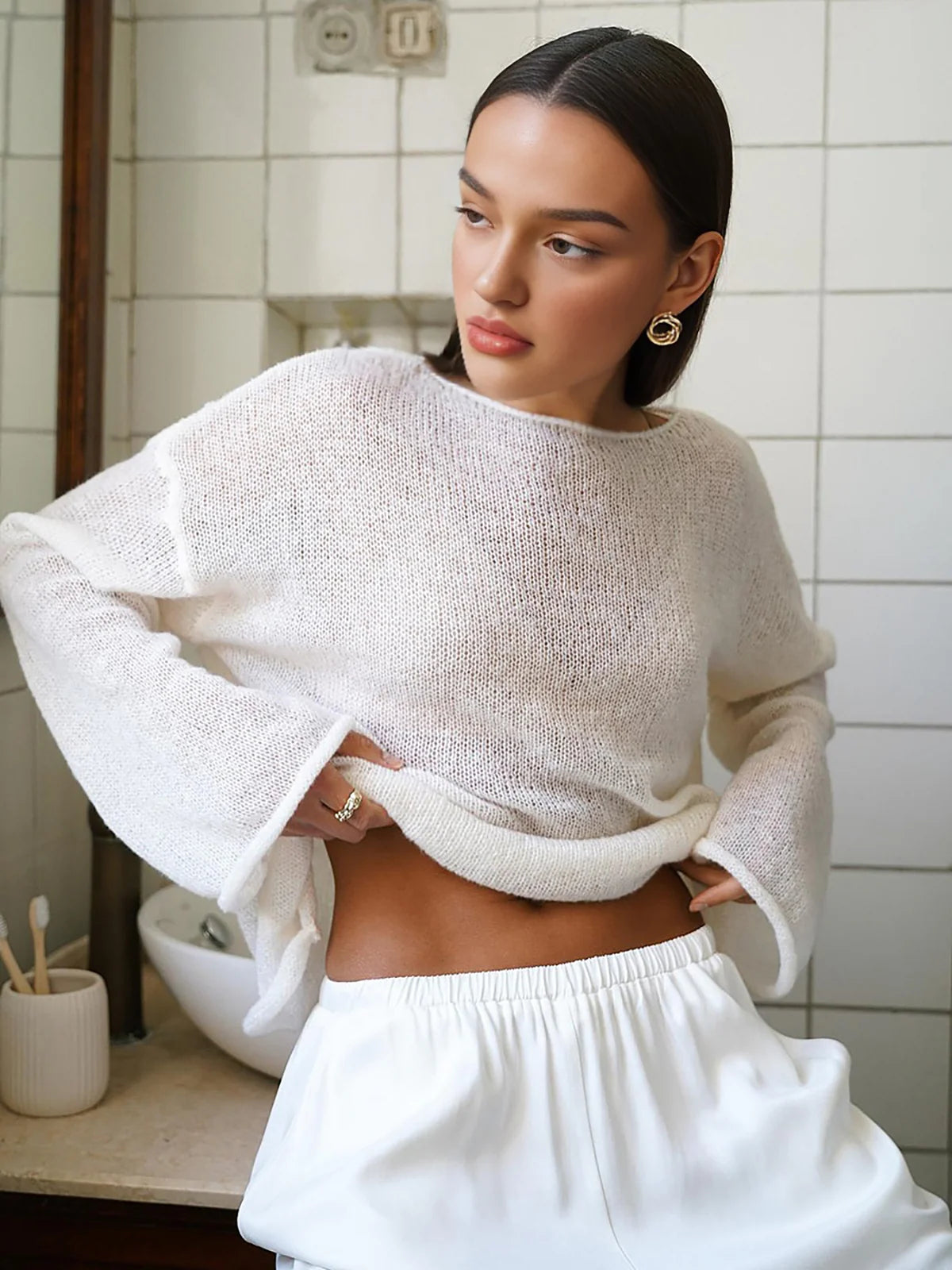 Hollow Draped Snug Knit Top - LA FEMME WANDERER