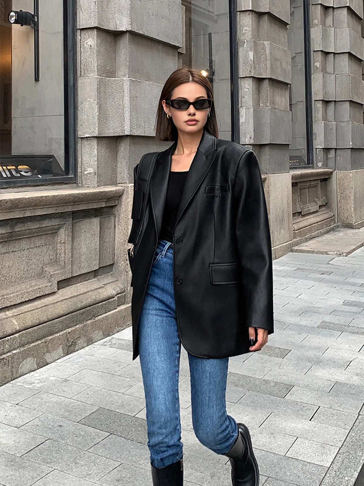 Lapel Pockets Leather Blazer - LA FEMME WANDERER