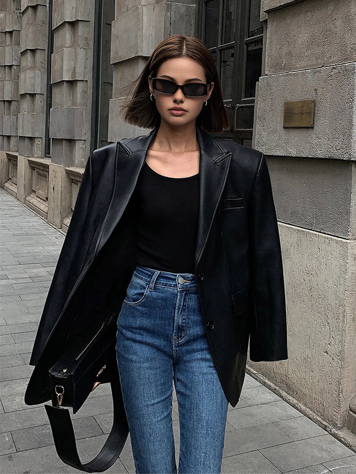 Lapel Pockets Leather Blazer - LA FEMME WANDERER