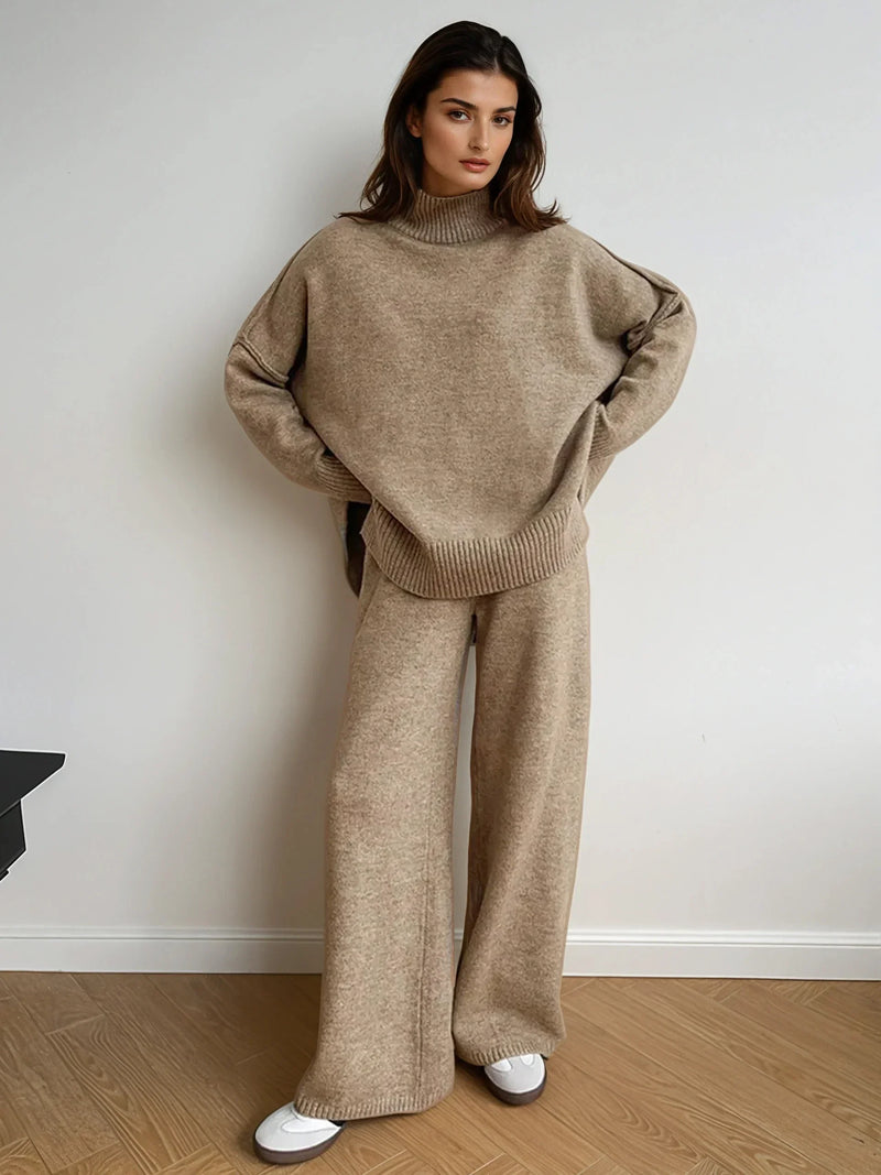 Plain Turtleneck Knit and Pants Set