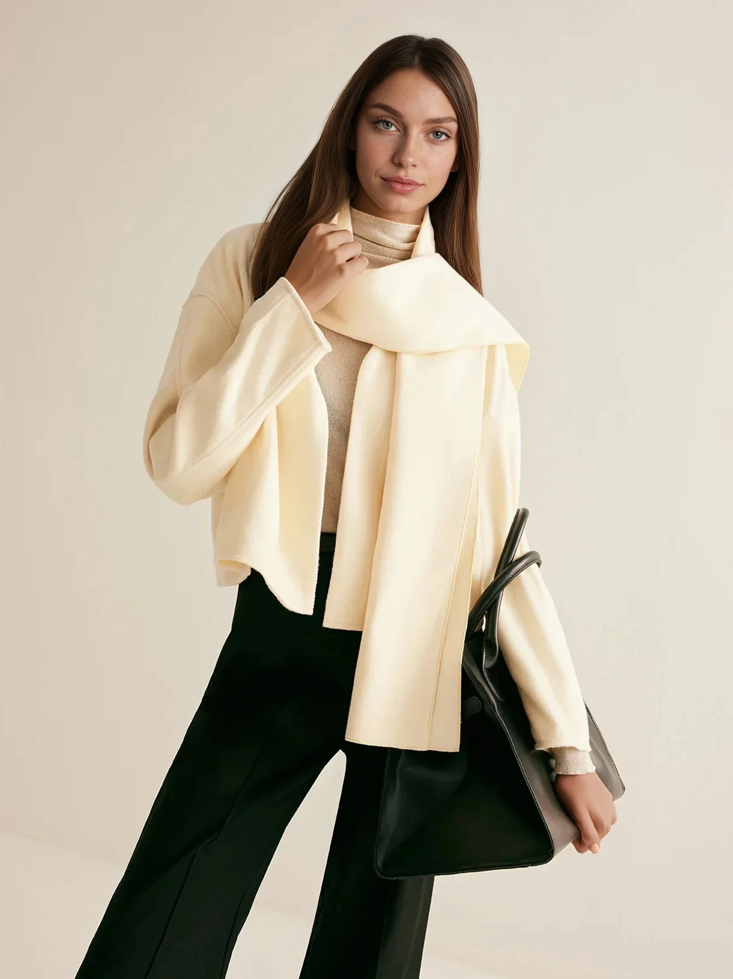 Plain Short Coat With Scarf - LA FEMME WANDERER