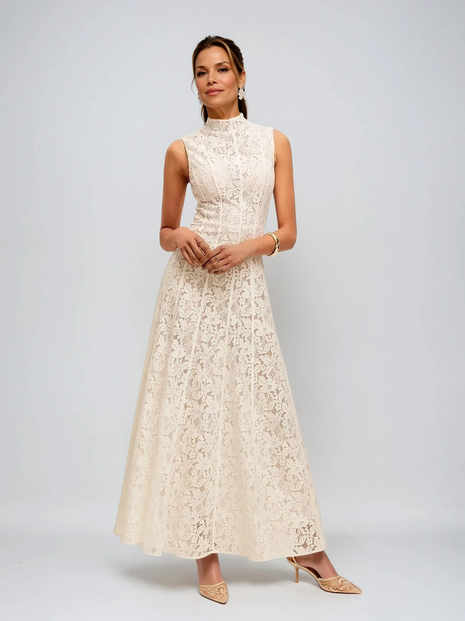 Half Turtleneck Sleeveless Semi-Sheer Lace Dress - LA FEMME WANDERER
