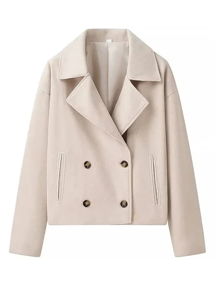 Wool Blend Lapel Double Breasted Long Sleeve Coat - LA FEMME WANDERER