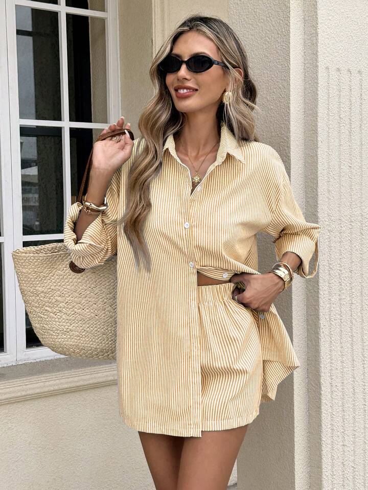 Hamptons Stripe Shirt & Skort Set – Relaxed Button-Up Co-Ord for Effortless Coastal Chic