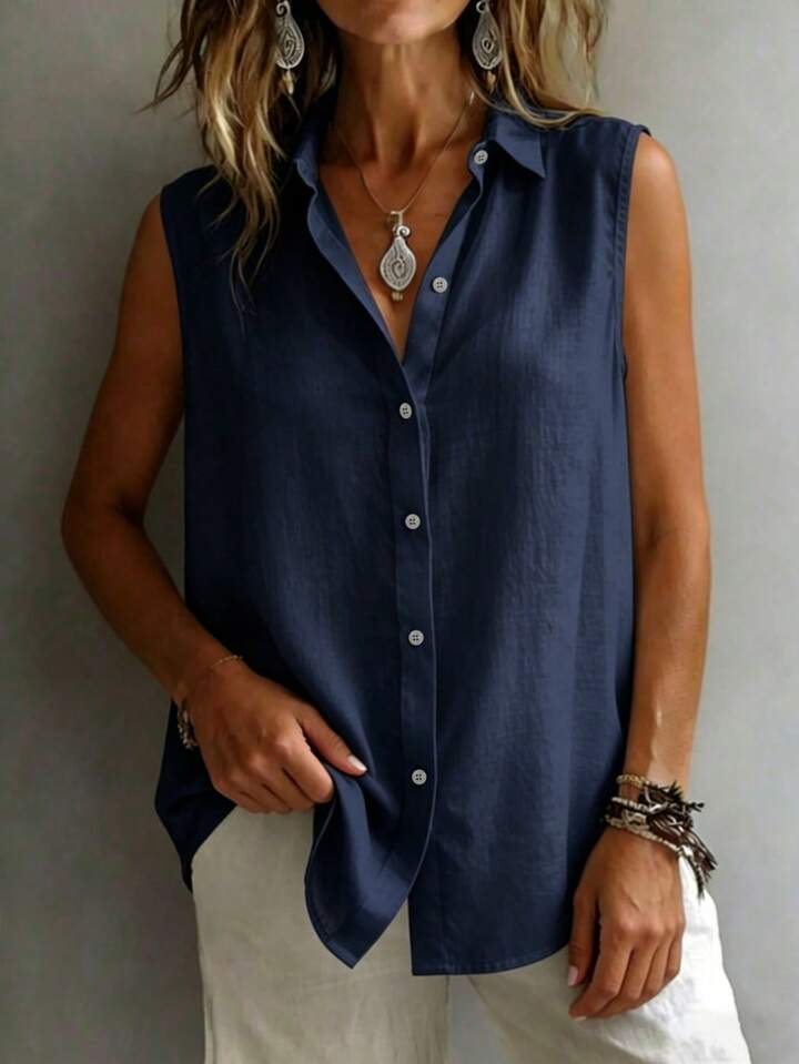 Quiet Luxury Button-Up Top – Minimalist Sleeveless Blouse for Timeless Wardrobe Staples