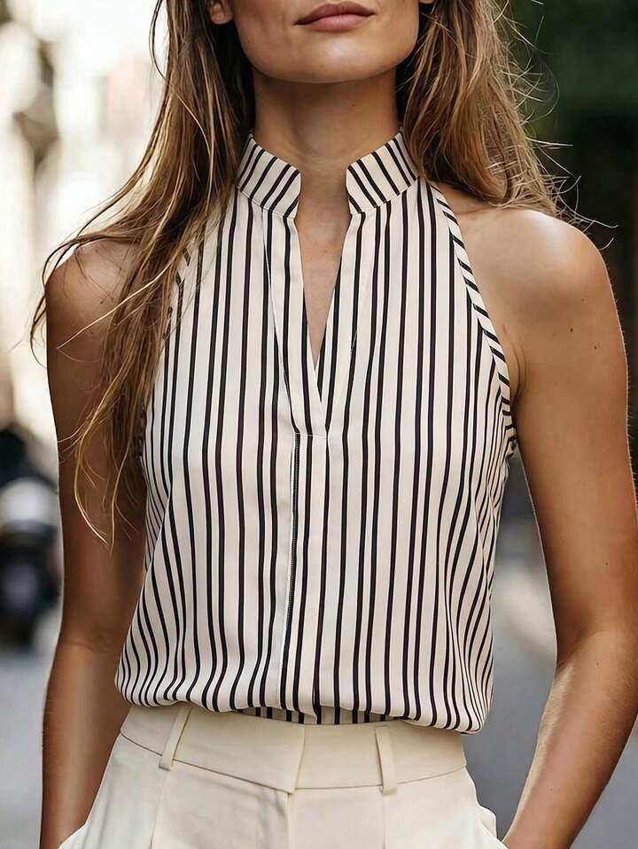 Elegant Black & White Classy Sleeveless Striped Blouse