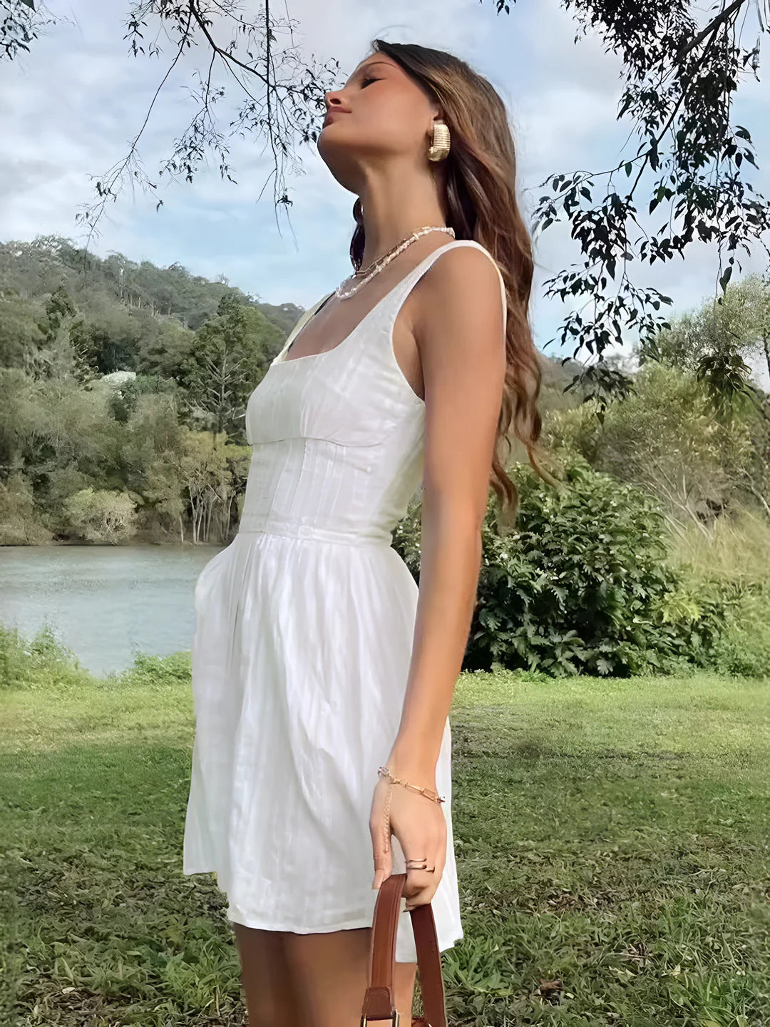Semi-Sheer Solid Square Neckline Short Dress - LA FEMME WANDERER