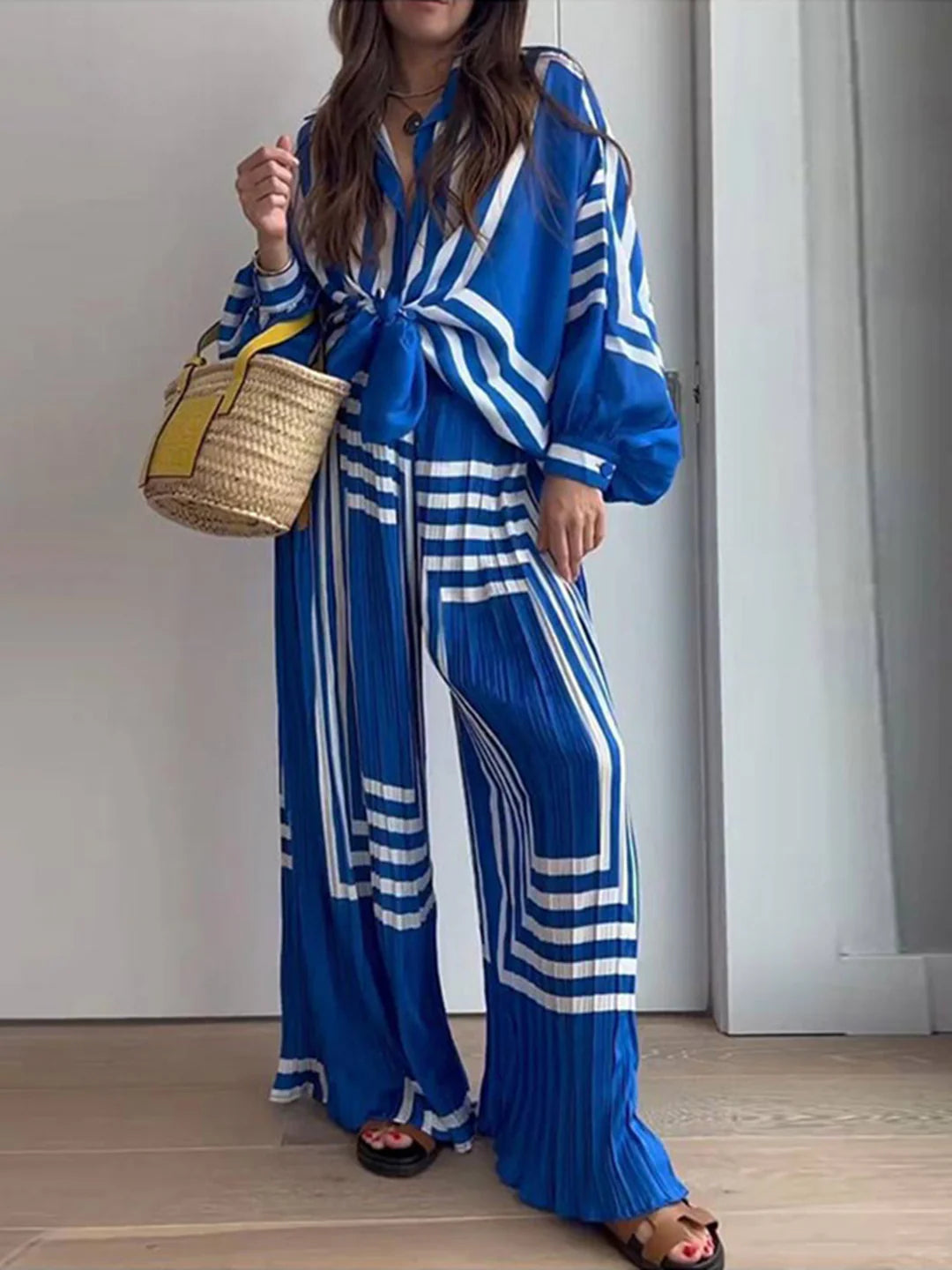 Long Sleeve Oversized Print Matching Set - LA FEMME WANDERER