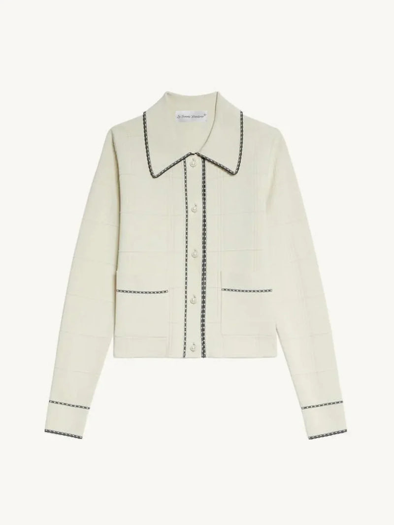 Exquisite Pearl Button Check Lace Knitted Cardigan