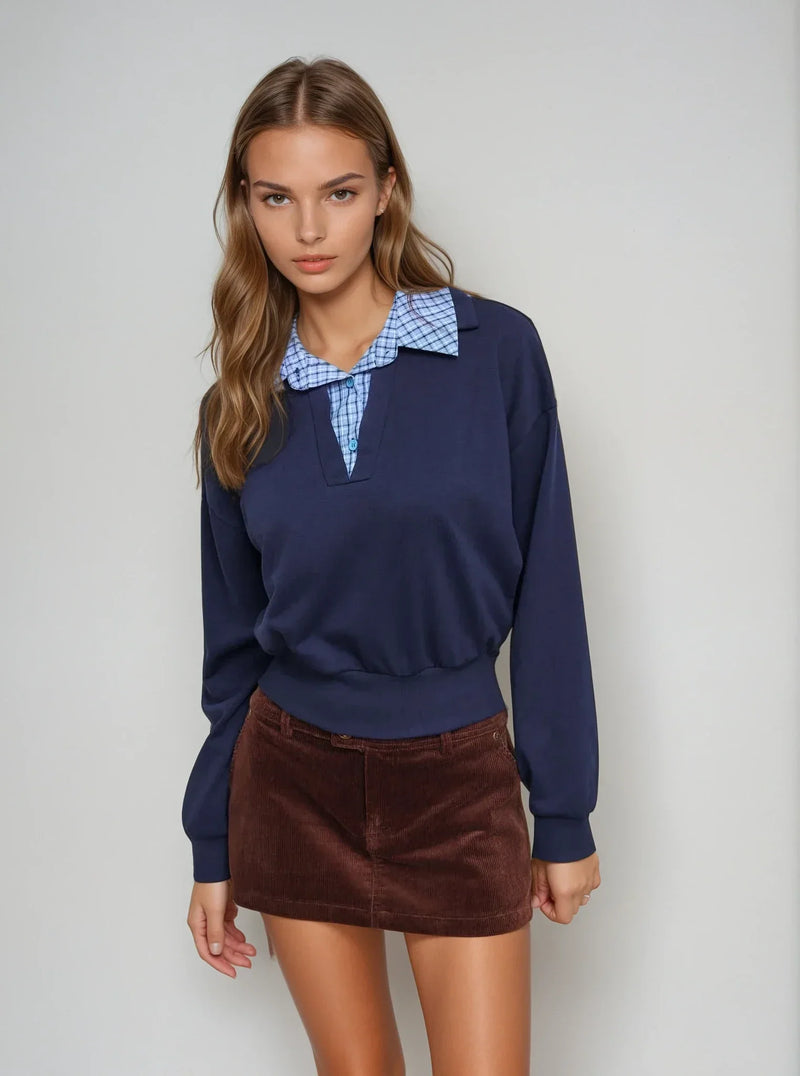 Bluza z kołnierzykiem frotte w kratkę