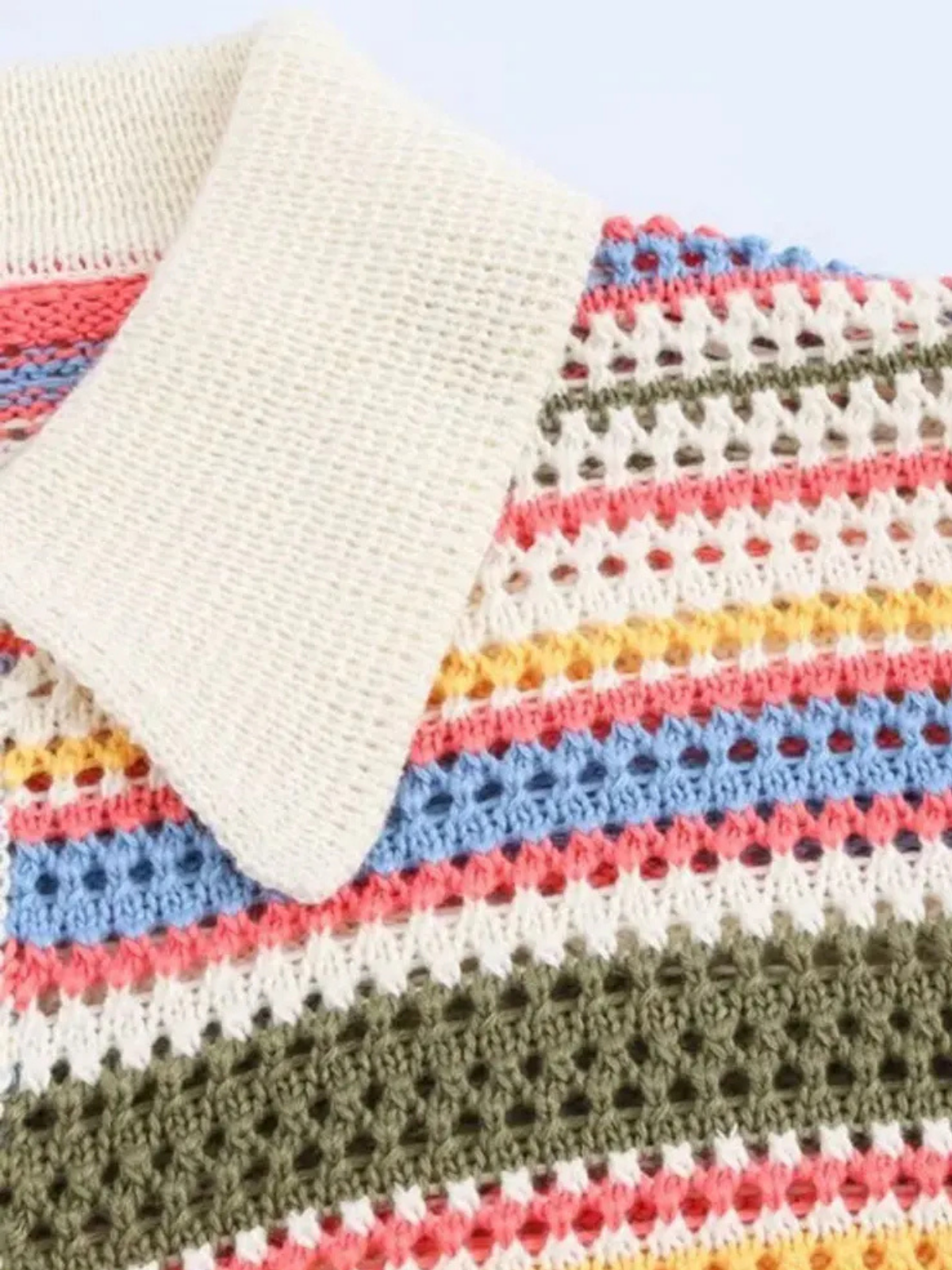 Womens Striped Crochet Knit Crop Top Polo Collar Button Up Short Sleeve Outerwear Chic Fashion