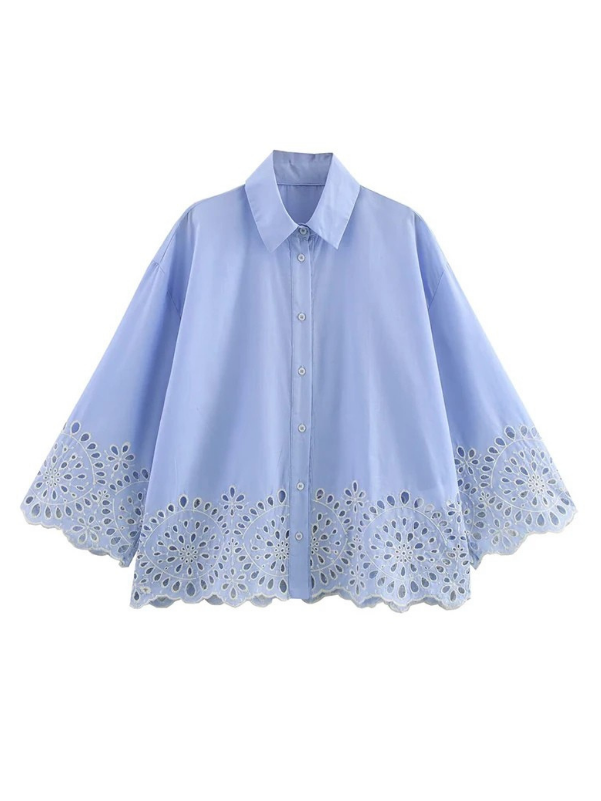 Blue Embroidered Hollow Cutout Lapel Button Shirt