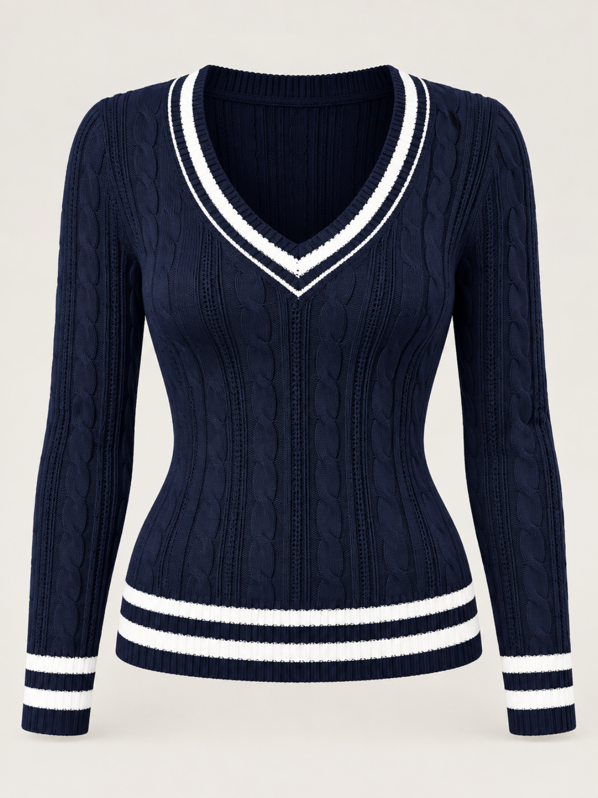Contrast Trim Cable Knit V-Neck Sweater
