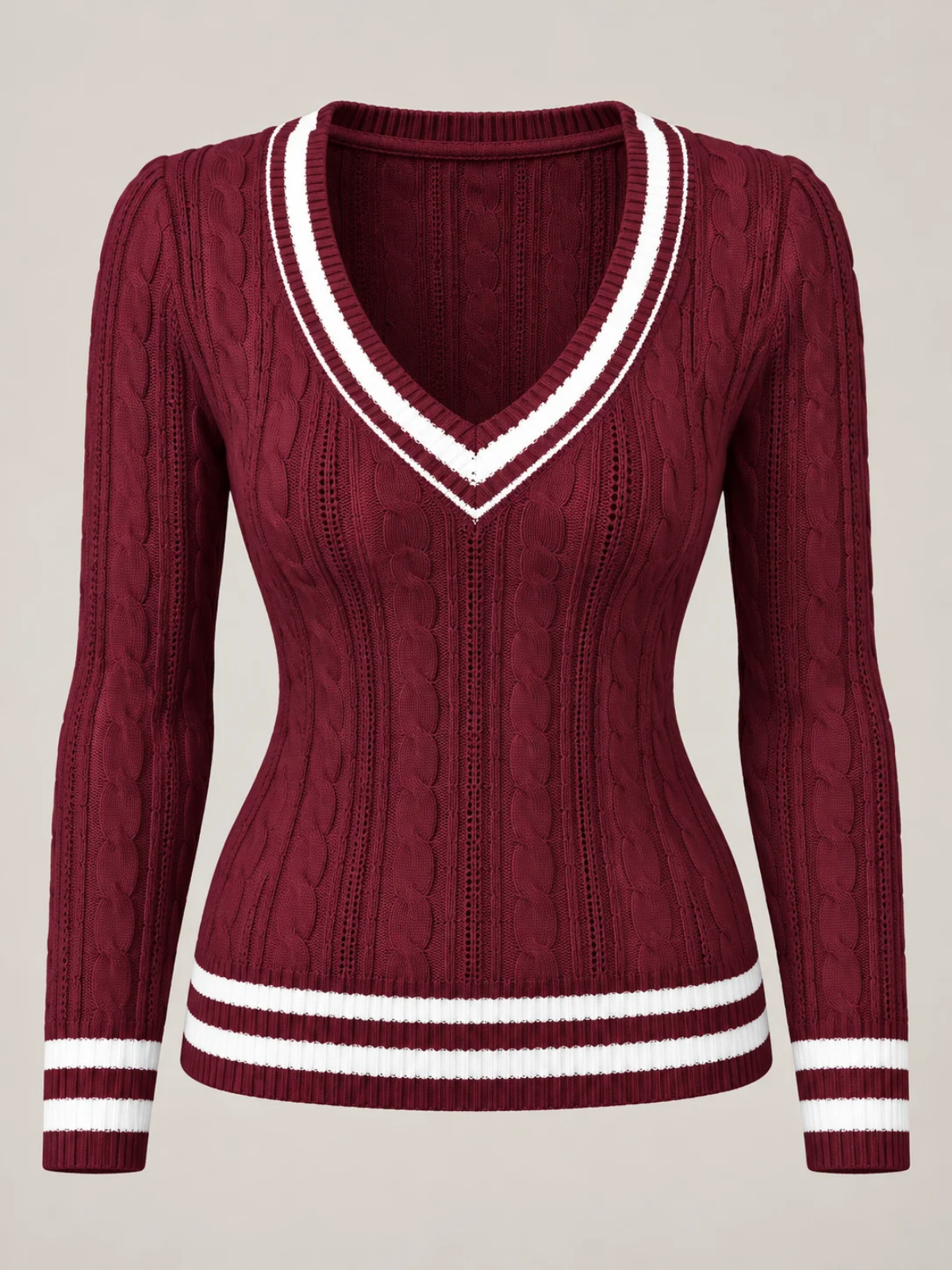 Contrast Trim Cable Knit V-Neck Sweater