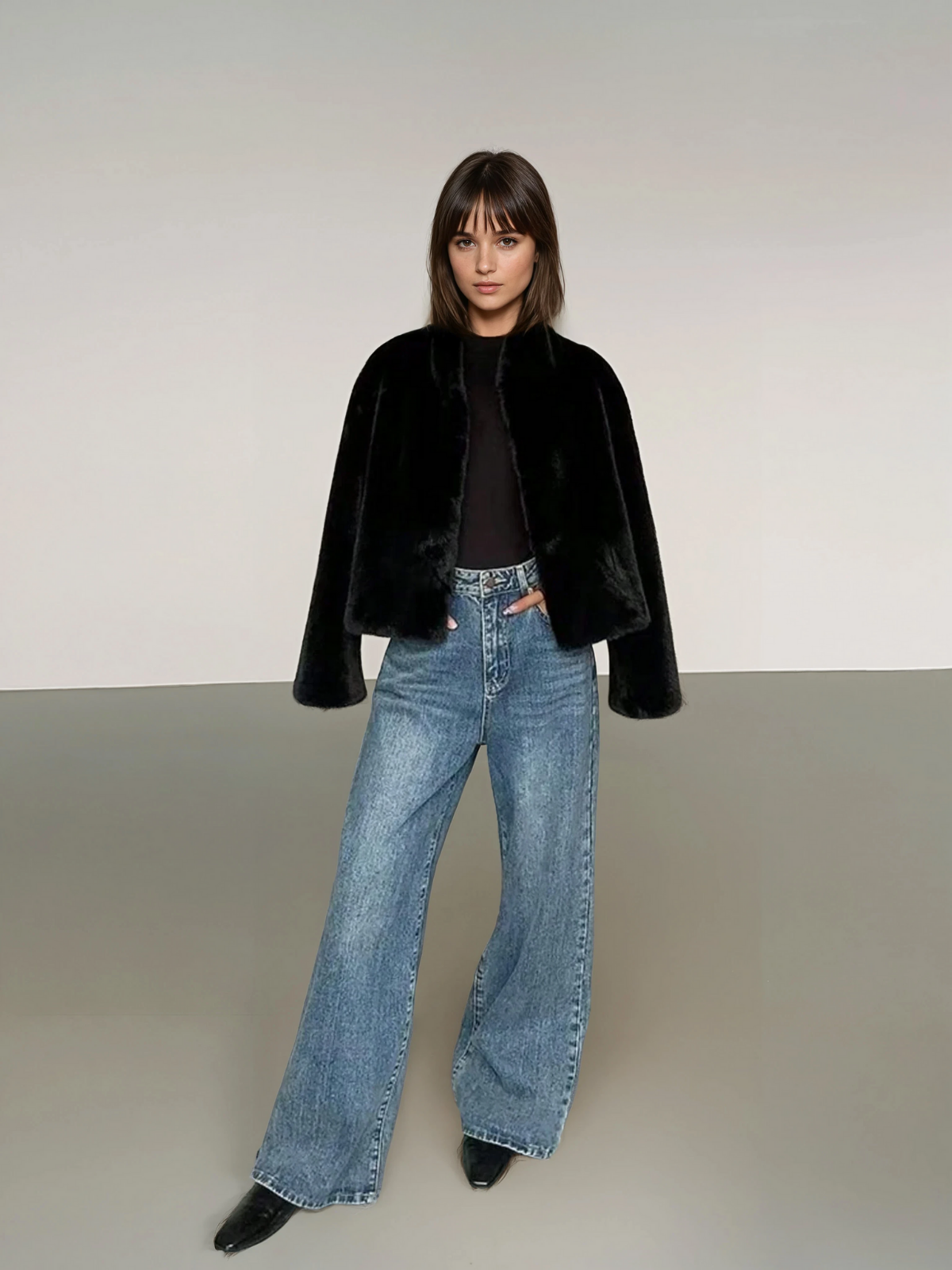 Elegant Black Faux Fur Coat For Women Stand Collar Long Sleeve Regular Fit Winter Wardrobe Essential