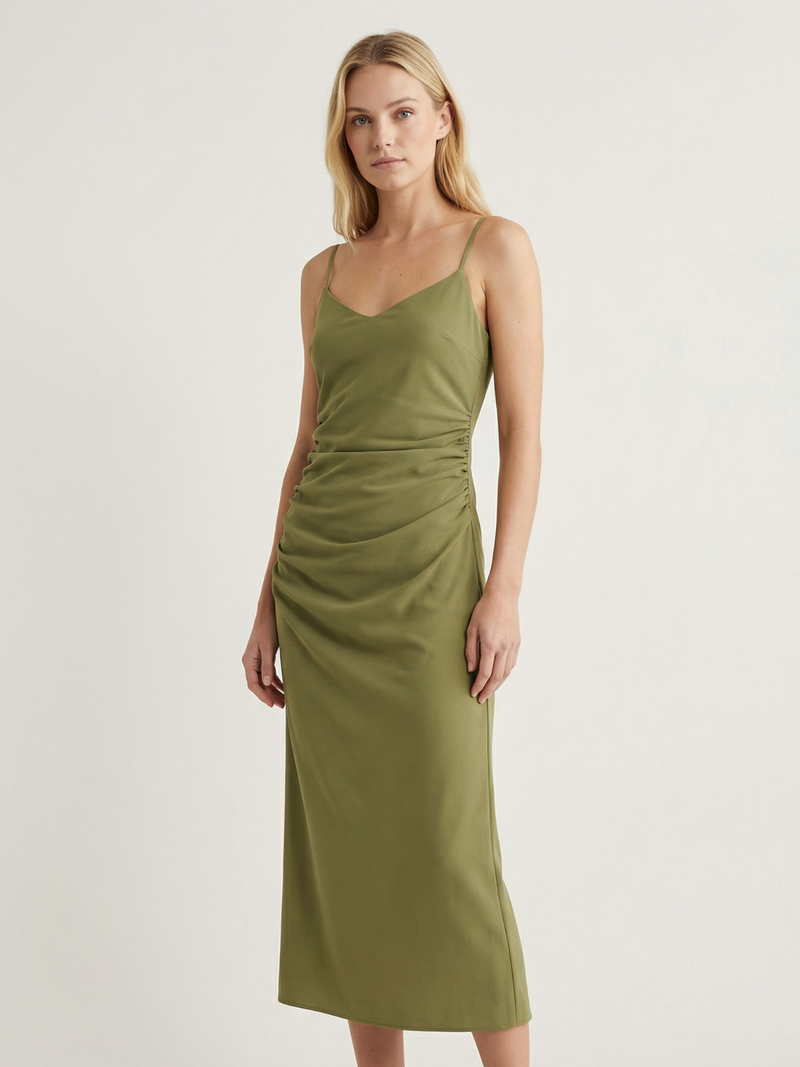 Spaghetti Strap Ruched Midi Dress