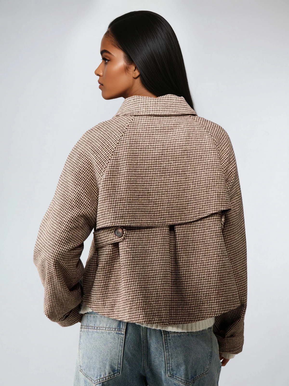 Houndstooth Quilted High Collar Jacket Oversized Coat For Cold Weather