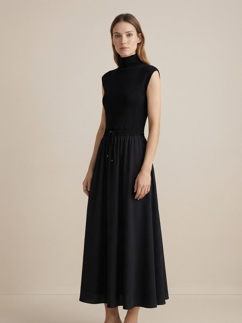 Patchwork Black Maxi Dress Drawstring Waist A Line