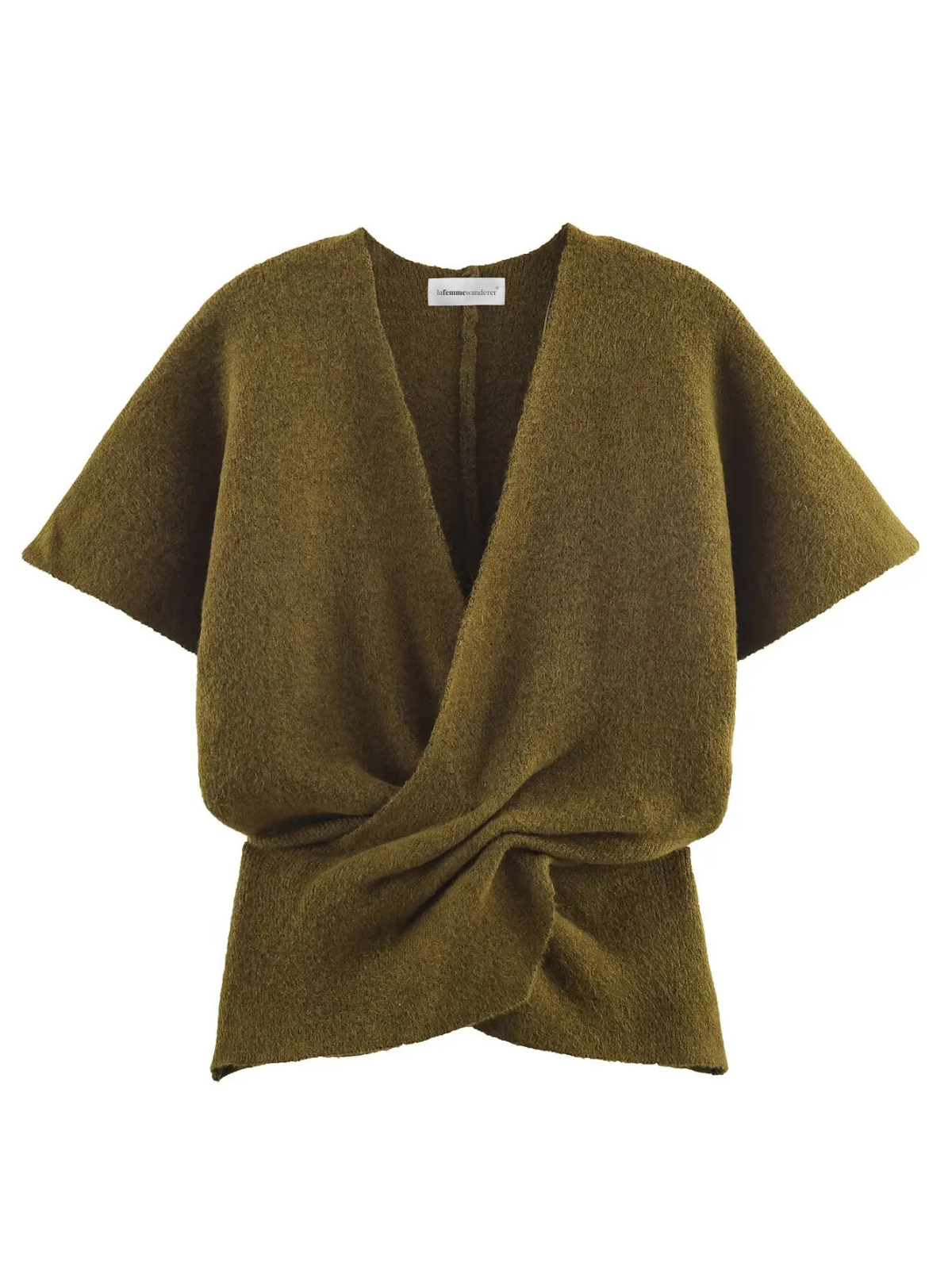 Olive Green Twist Front Knit Top V Neck Casual Blouse