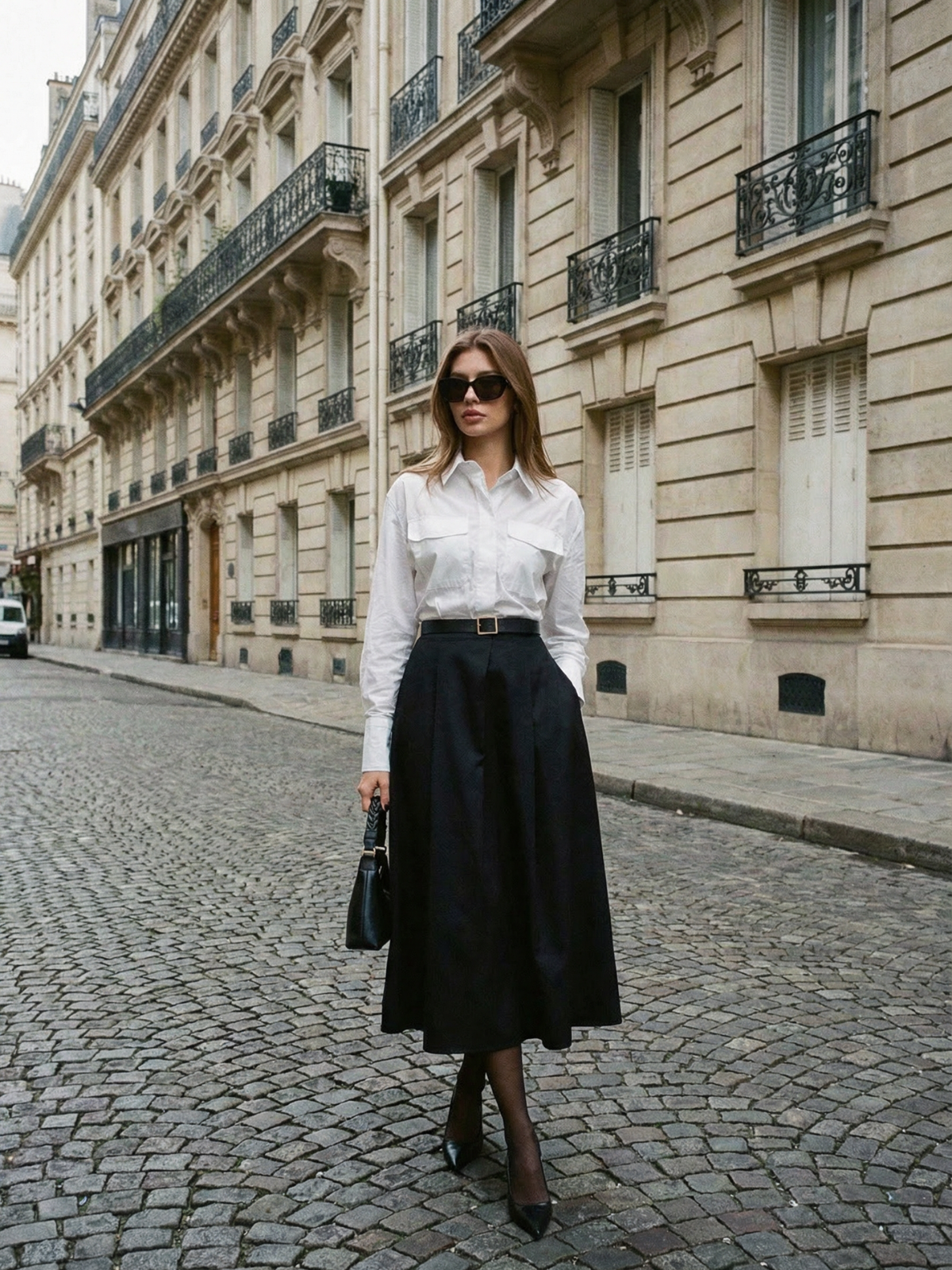 Czarna spódnica maxi z kieszeniami z przodu i guzikami do biura. Elegancki strój biznesowy na jesień dla kobiet.