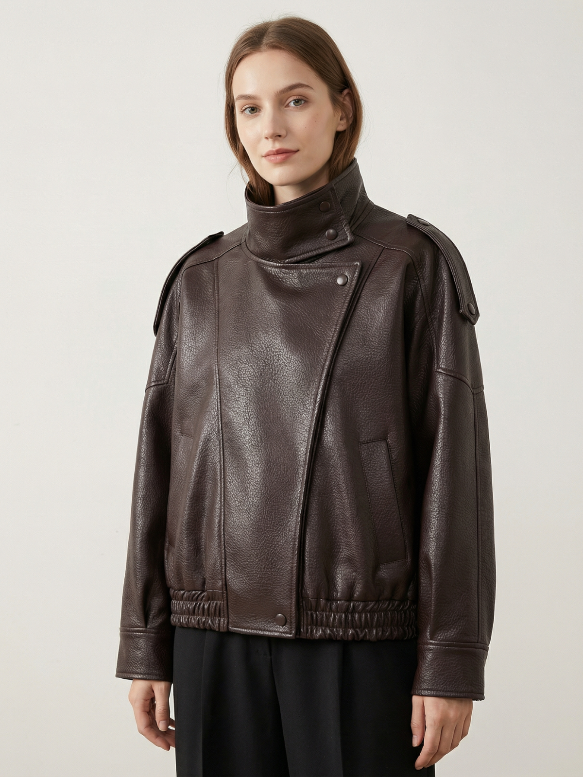 Faux Leather Bomber Jacket For Women Snap Button Office Coat Demi Season Style